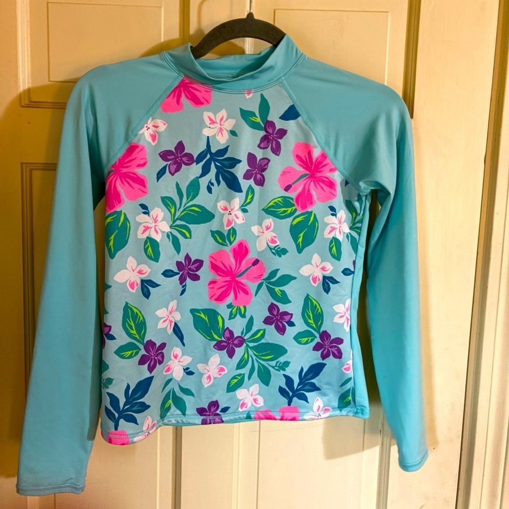 Lands End Long Sleeve Swim Shirt Tropical Floral Pattern Size Large10-12